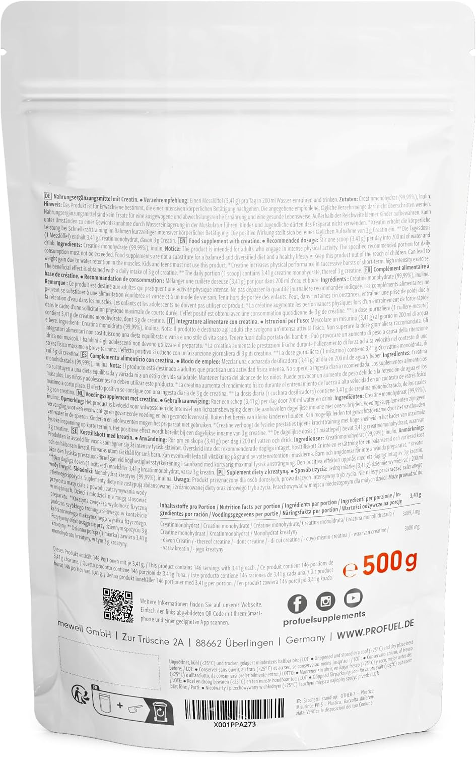 Premium Creatin Monohydrat Pulver 500G - Hochdosiertes, Laborgeprüftes Kreatin für Maximale Leistung - 100% Vegan und Optimal Löslich für 146 Anwendungen