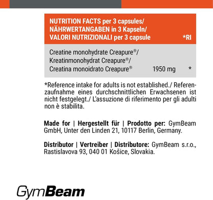 Erlebe die Kraft von Creatin Monohydrat Creapure® Kapseln – Hochdosiert mit 3250 Mg pro Portion für maximale Leistung, Muskelaufbau und Ausdauer – 100% vegan, ohne Zusatzstoffe – GymBeam (120 Caps)