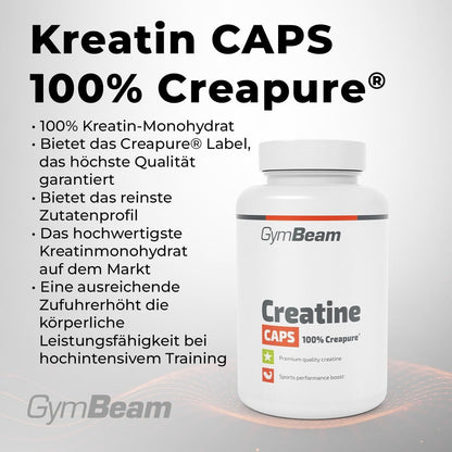 Erlebe die Kraft von Creatin Monohydrat Creapure® Kapseln – Hochdosiert mit 3250 Mg pro Portion für maximale Leistung, Muskelaufbau und Ausdauer – 100% vegan, ohne Zusatzstoffe – GymBeam (120 Caps)