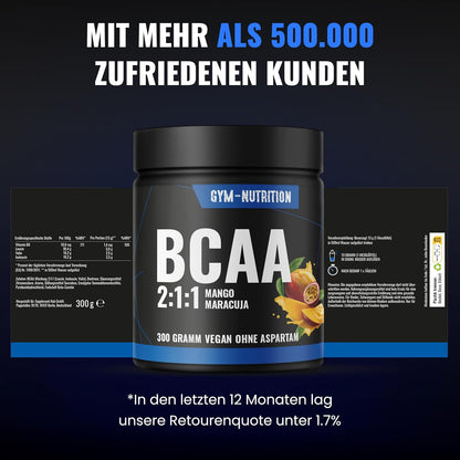 Entdecke unser hochdosiertes BCAA Pulver mit 13.000 mg pro Portion - Mango-Maracuja Geschmack | Vegan und perfekt für dein Training!