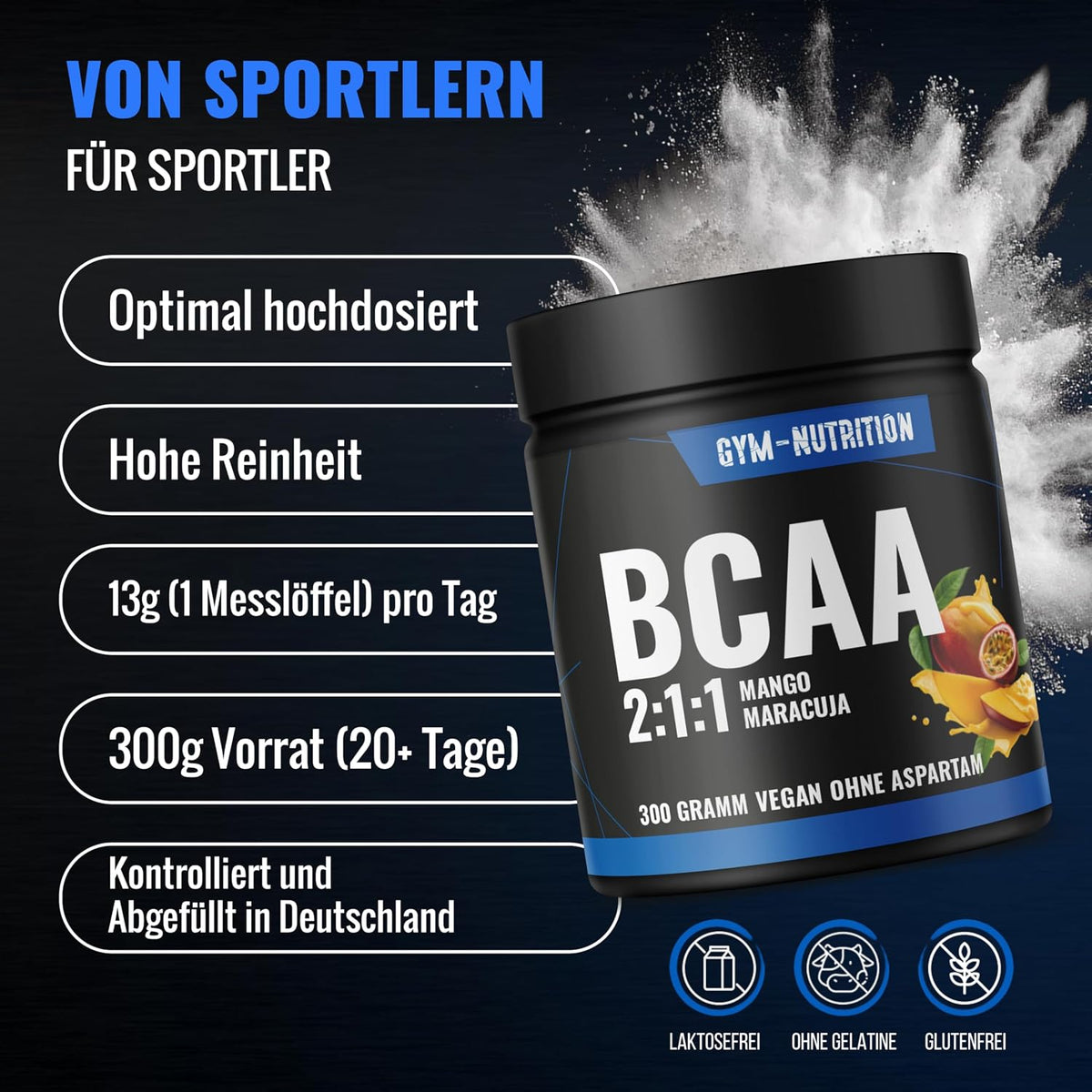 Entdecke unser hochdosiertes BCAA Pulver mit 13.000 mg pro Portion - Mango-Maracuja Geschmack | Vegan und perfekt für dein Training!