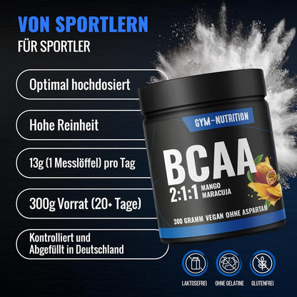 Entdecke unser hochdosiertes BCAA Pulver mit 13.000 mg pro Portion - Mango-Maracuja Geschmack | Vegan und perfekt für dein Training!