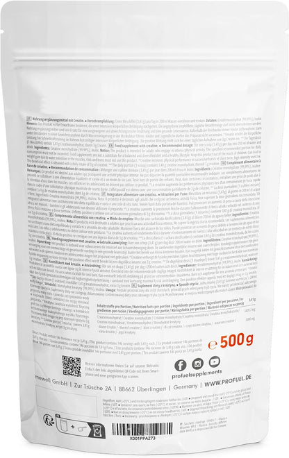 Premium Creatin Monohydrat Pulver 500G - Hochdosiertes, Laborgeprüftes Kreatin für Maximale Leistung - 100% Vegan und Optimal Löslich für 146 Anwendungen