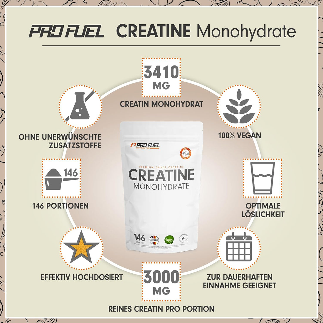 Premium Creatin Monohydrat Pulver 500G - Hochdosiertes, Laborgeprüftes Kreatin für Maximale Leistung - 100% Vegan und Optimal Löslich für 146 Anwendungen