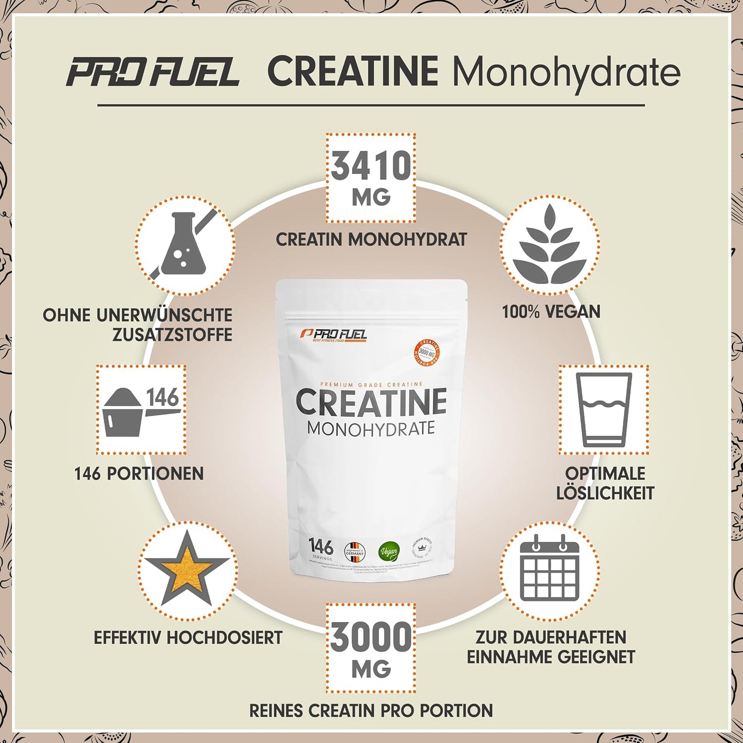 Premium Creatin Monohydrat Pulver 500G - Hochdosiertes, Laborgeprüftes Kreatin für Maximale Leistung - 100% Vegan und Optimal Löslich für 146 Anwendungen