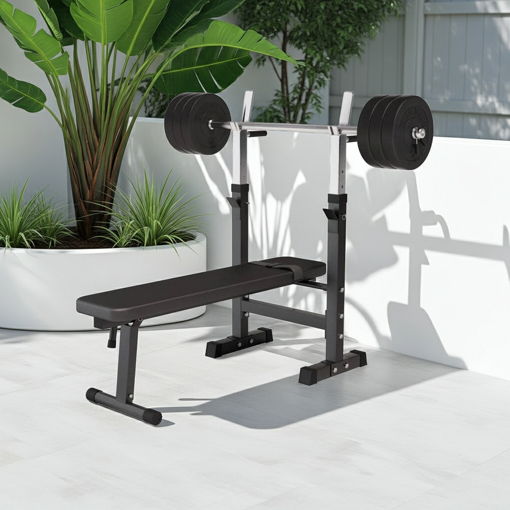 Hantelbank mit Ablage inkl. Langhantel-Set Kunststoff 38/70/100 kg