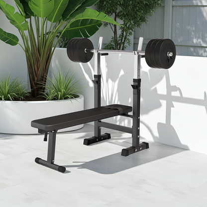 Hantelbank mit Ablage inkl. Langhantel-Set Kunststoff 38/70/100 kg